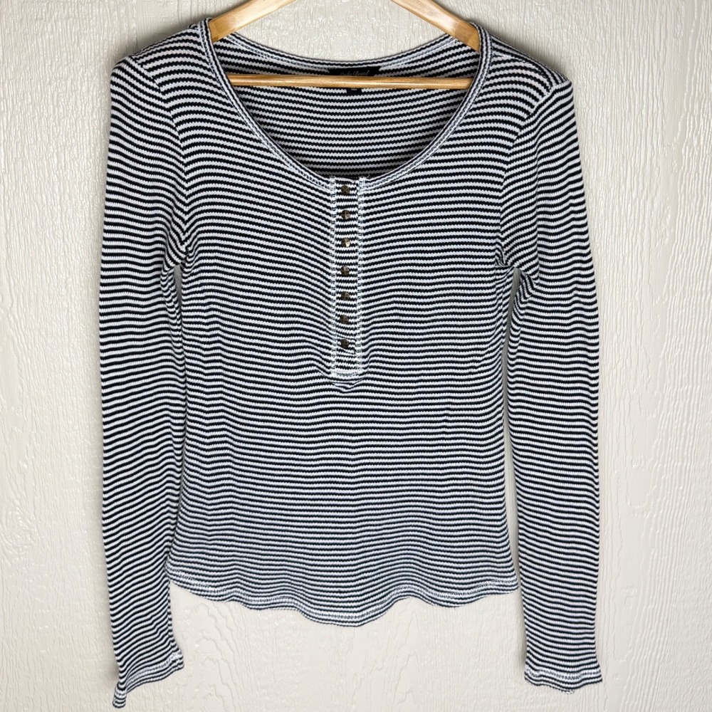 Lucky Brand Womens Black White Striped Henley Long Sleeve Waffle Knit Top Medium